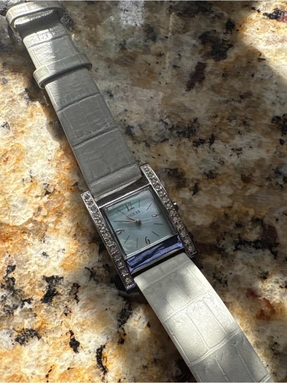 Guess Women’s Silver-Tone Watch with Light Gray Strap and Crystal Accents